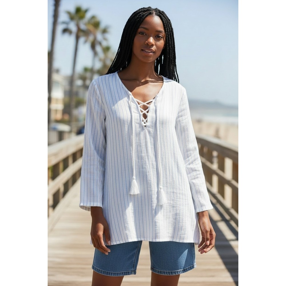 Billabong Womens Blue White Striped Lace Up Tassel Tunic Top Size M